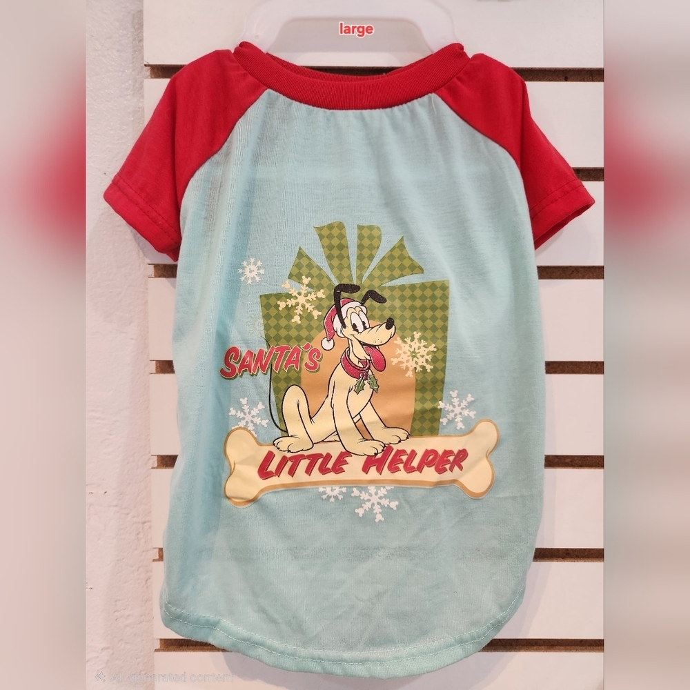 Disney Santa's Little Helper Pluto Blue Red Dog Christmas Tee